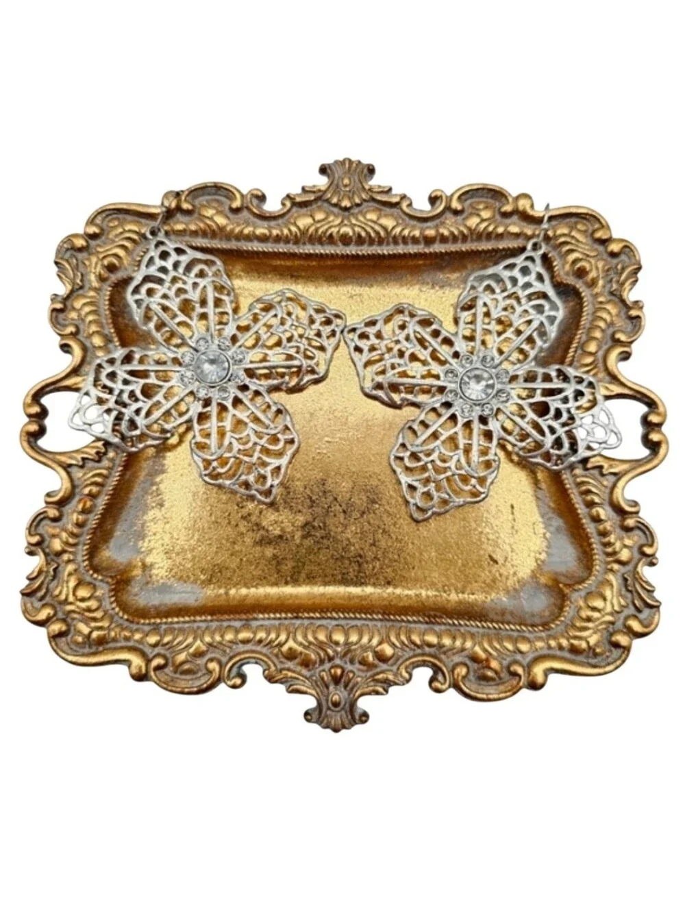 Silver Tone Filigree Cross Earrings
